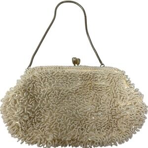 Vintage Beaded Evening Bag Ivory Sequin Gold Satin Interior Wedding Formal 1960s